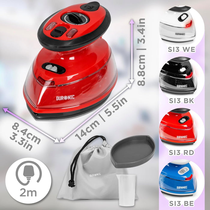 Duronic SI3 RD Mini Ferro da Stiro a Vapore disponibile in diversi colori con custodia da viaggio, misurino e base resistente al calore inclusi.
