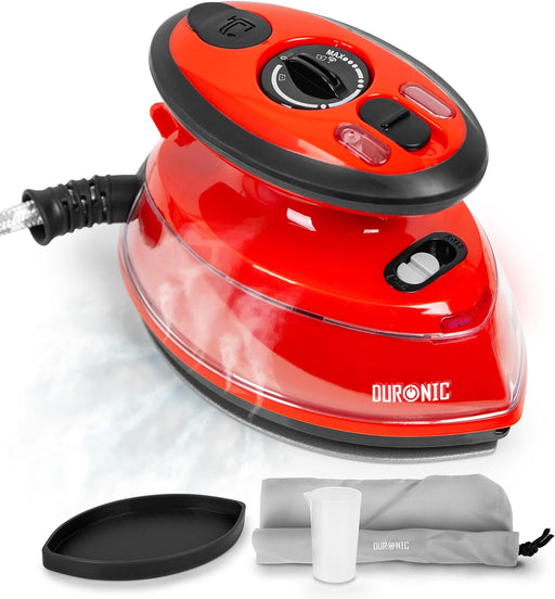 Duronic SI3 RD Mini Ferro da Stiro a Vapore rosso con custodia da viaggio, misurino e base resistente al calore inclusi.