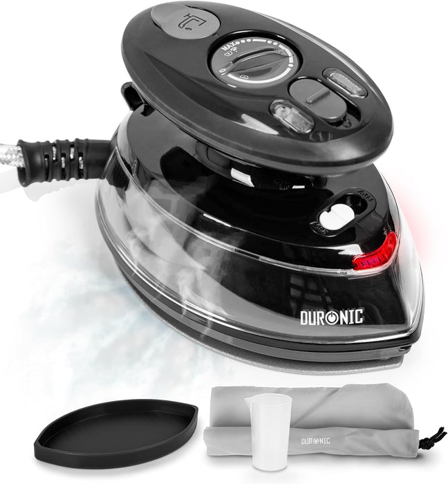Duronic SI BK Mini Ferro da Stiro a Vapore con custodia da viaggio, misurino e base resistente al calore inclusi.