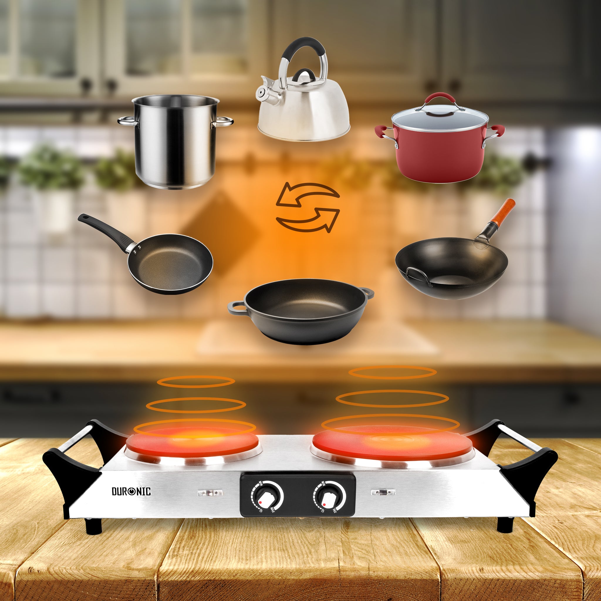 Duronic HP2 SS Fornello Elettrico 2500W, 2 Piastre in Ghisa con Manici Termoisolati, Temperatura Regolabile, Piano Cottura Portatile per Campeggio Viaggi Ufficio e Casa, Acciaio Inox Argento