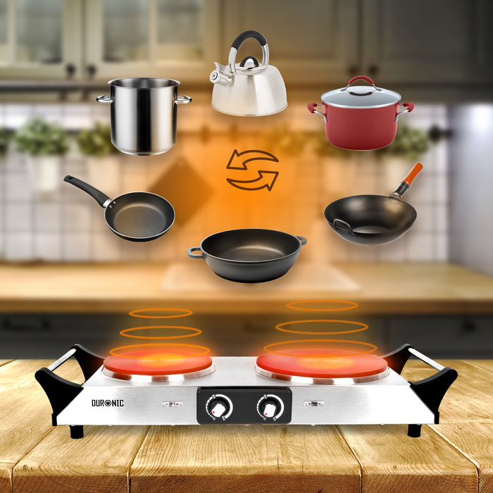 Duronic HP2 SS Fornello Elettrico 2500W, 2 Piastre in Ghisa con Manici Termoisolati, Temperatura Regolabile, Piano Cottura Portatile per Campeggio Viaggi Ufficio e Casa, Acciaio Inox Argento