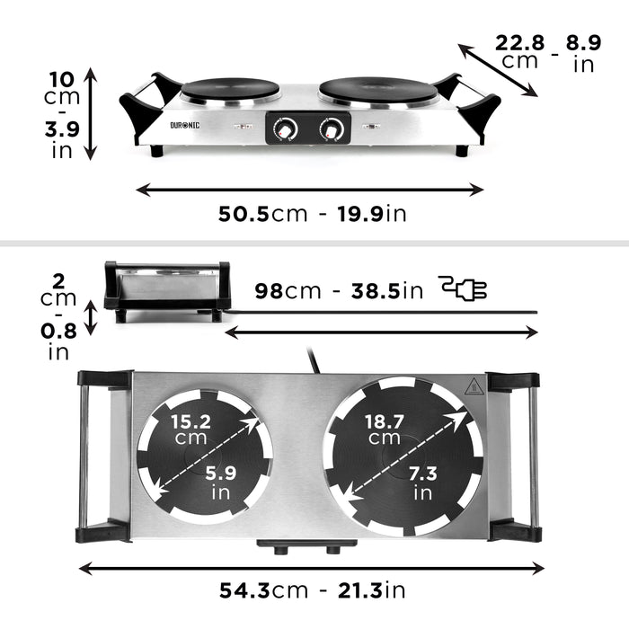 Duronic HP2 SS Fornello Elettrico 2500W, 2 Piastre in Ghisa con Manici Termoisolati, Temperatura Regolabile, Piano Cottura Portatile per Campeggio Viaggi Ufficio e Casa, Acciaio Inox Argento