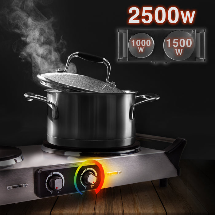 Duronic HP2 SS Fornello Elettrico 2500W, 2 Piastre in Ghisa con Manici Termoisolati, Temperatura Regolabile, Piano Cottura Portatile per Campeggio Viaggi Ufficio e Casa, Acciaio Inox Argento