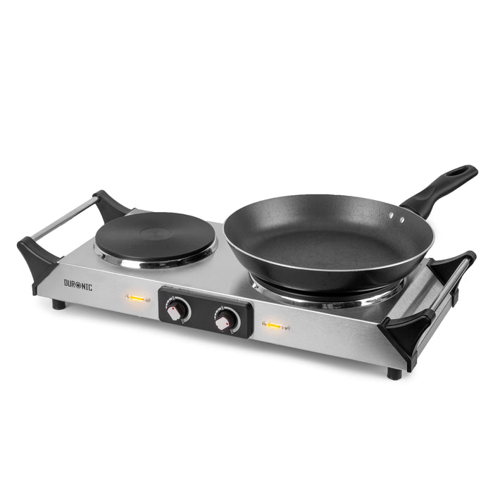 Duronic HP2 SS Fornello Elettrico 2500W, 2 Piastre in Ghisa con Manici Termoisolati, Temperatura Regolabile, Piano Cottura Portatile per Campeggio Viaggi Ufficio e Casa, Acciaio Inox Argento