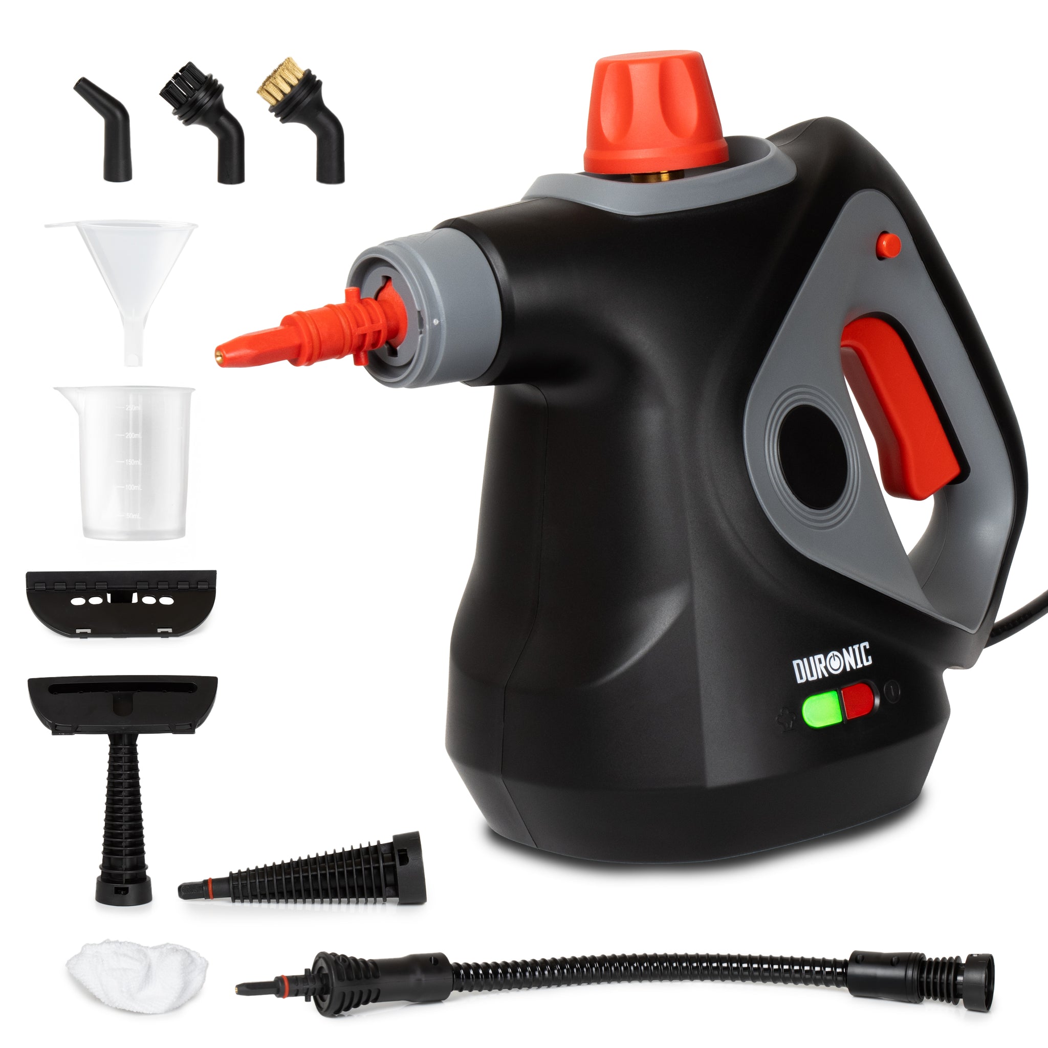 Duronic SC32 BK Pulitore a Vapore Portatile 1050W con Serbatoio 350 ml, Pulizia a Vapore Multifunzione Senza Detergenti per Divani Tessuti Fughe Doccia Forno Cucina Vetri Finestre Auto Nero