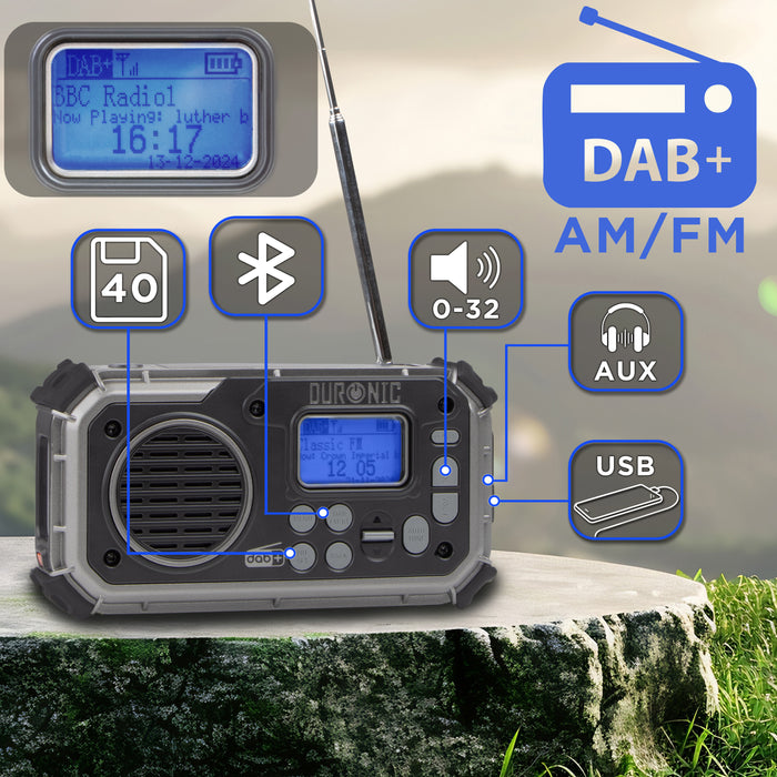 Duronic SDAB1 Radio Portatile DAB+ con Funzioni Multiple Radio a Energia Solare e Crank Manuale 4 Modalità di Ricarica Torcia di Emergenza con Allarme SOS