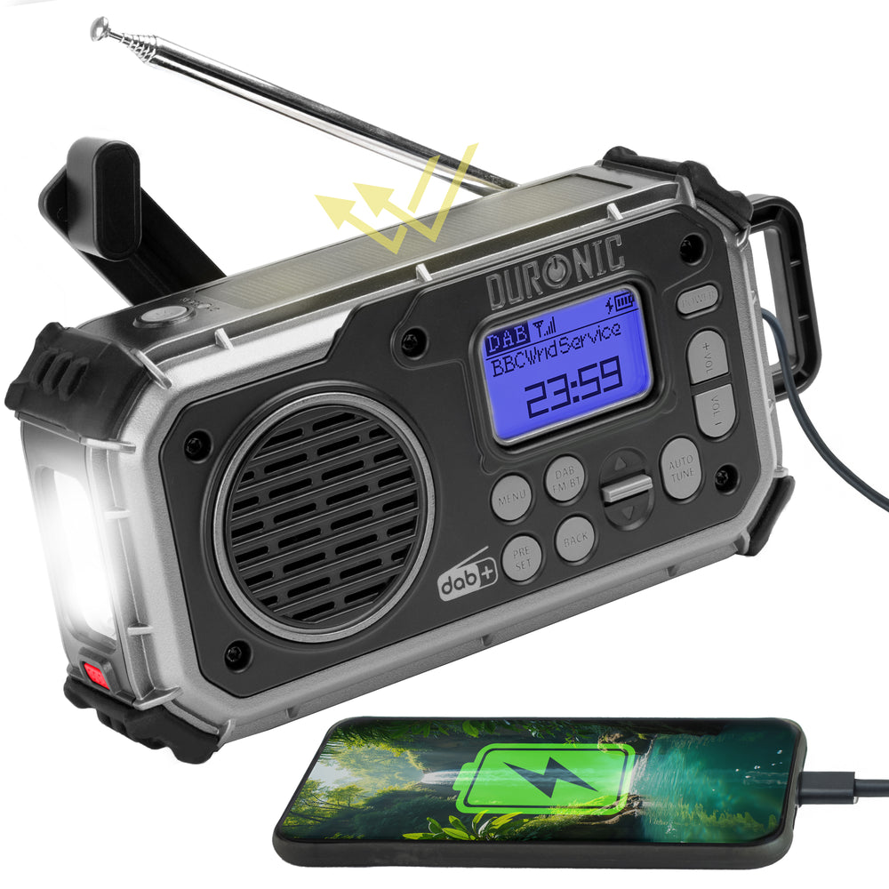 Duronic SDAB1 Radio Portatile DAB+ con Funzioni Multiple Radio a Energia Solare e Crank Manuale 4 Modalità di Ricarica Torcia di Emergenza con Allarme SOS