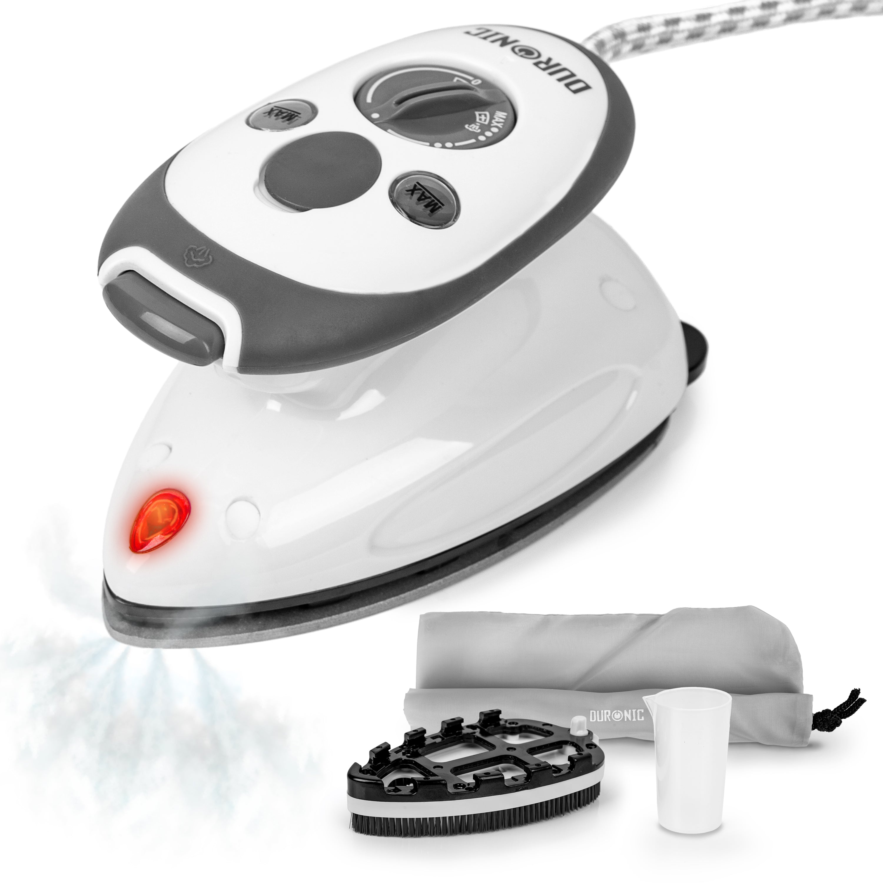 Duronic SI2 WE Mini Ferro da Stiro, Ferro da viaggio a vapore 375 W, Serbatoio 50ml, Steamer portatile con spazzola e borsello da viaggio, Ferro a vapore per lavori di cucito, quilting, Bianco