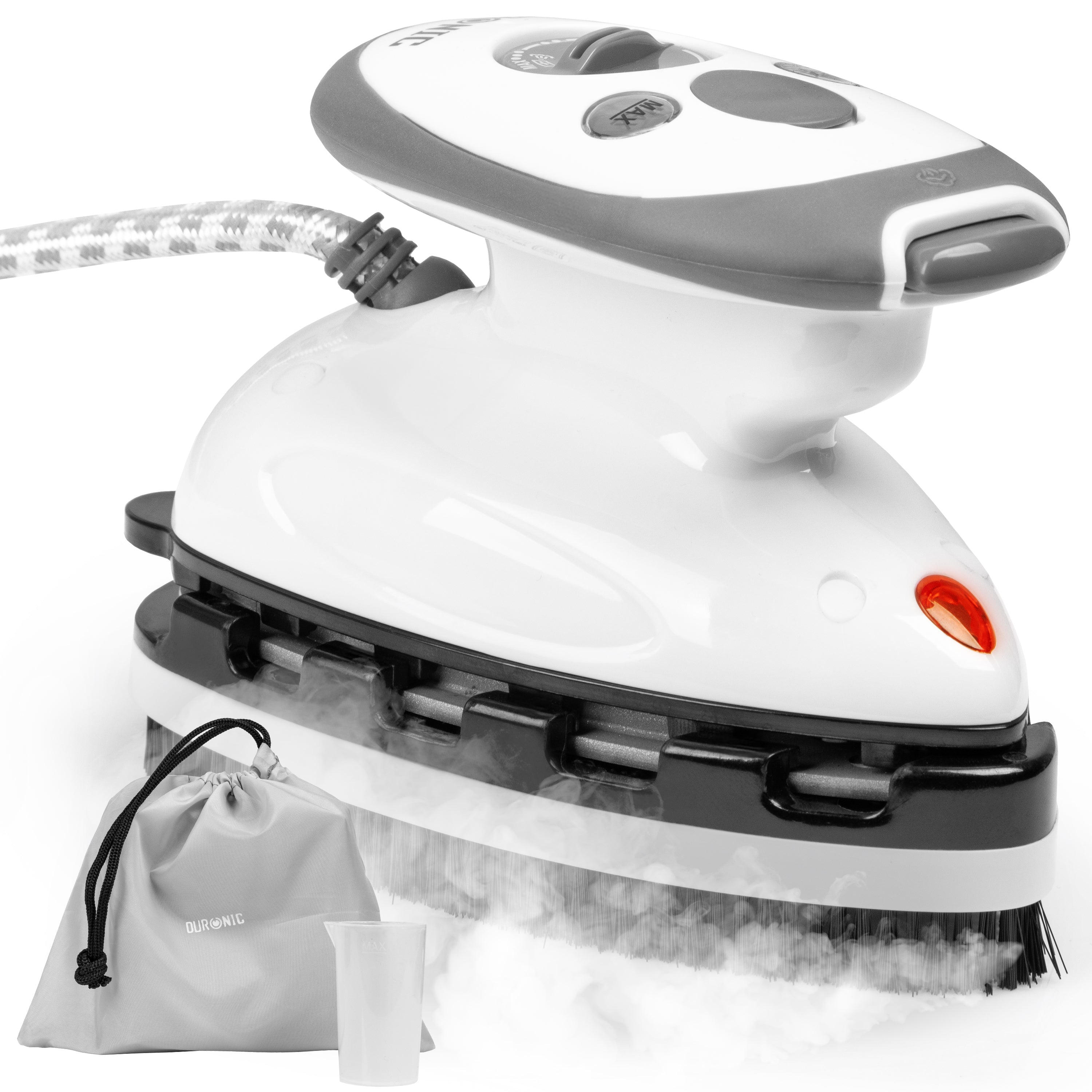 Duronic SI2 WE Mini Ferro da Stiro, Ferro da viaggio a vapore 375 W, Serbatoio 50ml, Steamer portatile con spazzola e borsello da viaggio, Ferro a vapore per lavori di cucito, quilting, Bianco