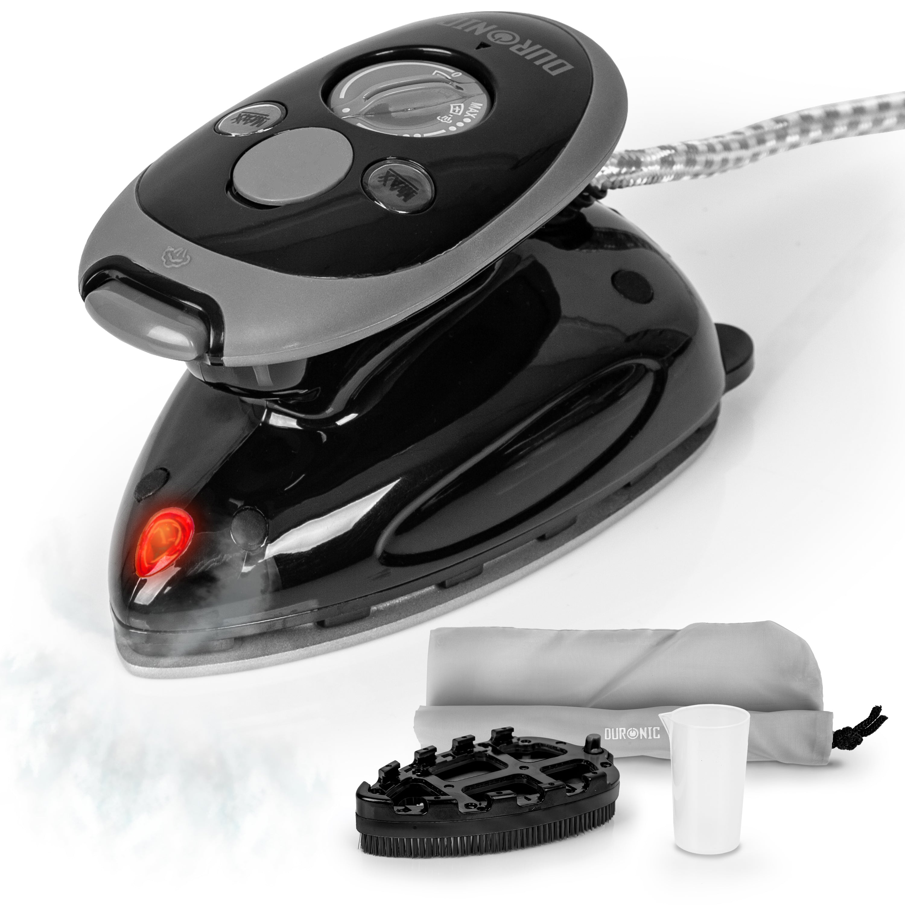 Duronic SI2 BK Mini Ferro da Stiro, Ferro da viaggio a vapore 375 W, Serbatoio 50ml, Steamer portatile con spazzola e borsello da viaggio, Ferro a vapore per lavori di cucito, quilting, Bianco (Copy)