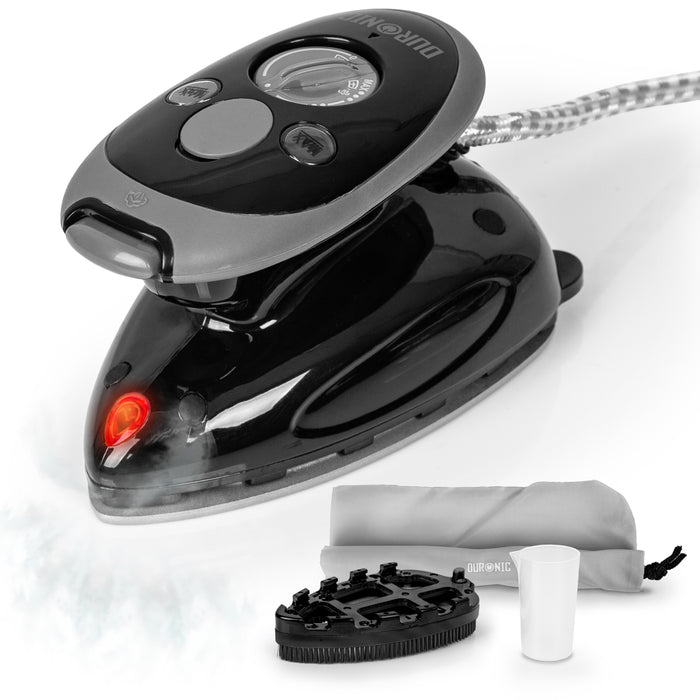 Duronic SI2 BK Mini Ferro da Stiro, Ferro da viaggio a vapore 375 W, Serbatoio 50ml, Steamer portatile con spazzola e borsello da viaggio, Ferro a vapore per lavori di cucito, quilting, Bianco (Copy)