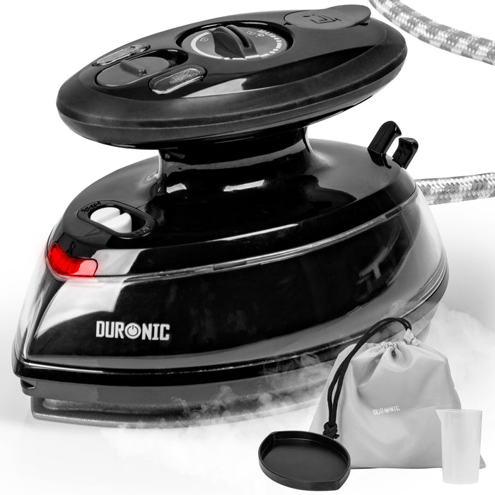 Duronic SI3 BK Mini Ferro da Stiro | Ferro da Viaggio a Vapore 400W | Serbatoio 35ml | Steamer Portatile con Base d’appoggio e borsello da Viaggio | per lavori di Cucito, Quilting | Nero