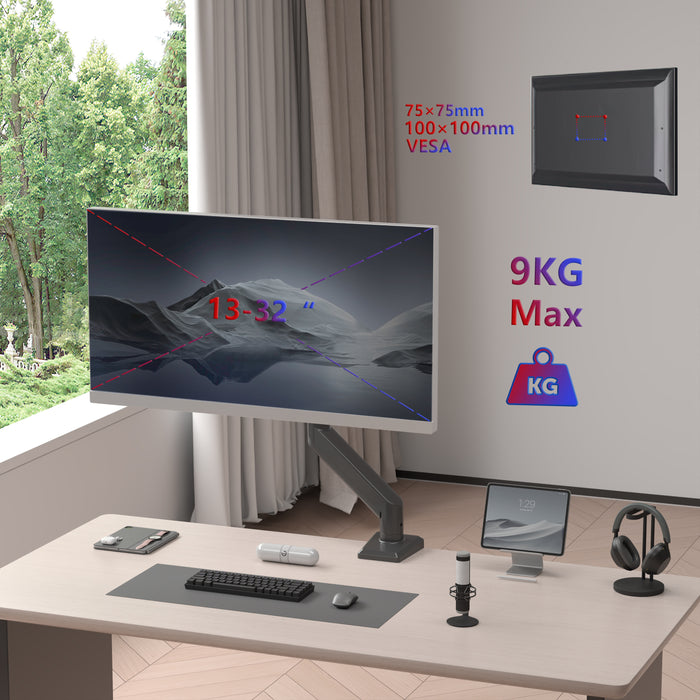 Duronic DM6A1 Supporto Monitor da Scrivania, Molla a Gas, Schermi 13"-32", Braccio Ergonomico Regolabile VESA 75/100, 360°, Inclinazione -90°/+85°, per PC, Ufficio, Gaming, Home Office, Portata 9 kg