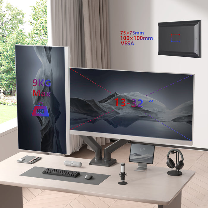 Duronic DM6A2 Supporto Doppio Monitor 13-32” Braccio Regolabile Gas Spring Supporto Schermo VESA 75 100 Perno Girevole 360° Inclinazione -90°/+85° Carico max 9kg per Braccio Ufficio PC Gaming