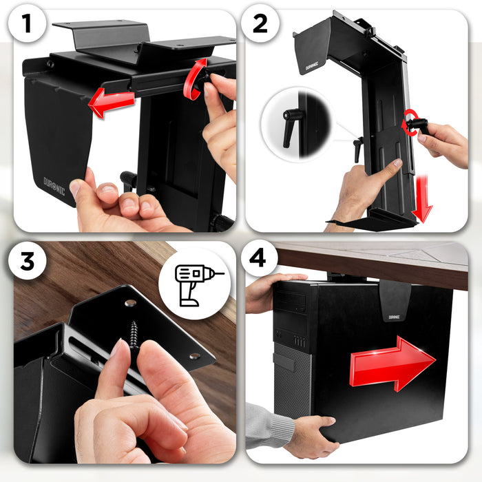 Duronic DMHD1 Supporto per CPU sotto la scrivania | Sostegno PC fisso regolabile | Peso massimo 10kg | Supporto per computer girevole 360° | Compatibile con tutti i CPU torre