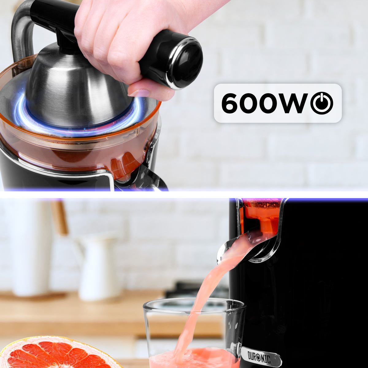 Duronic JE605 Spremiagrumi elettrico 600W, Estrattore inox 400ml, Spremiagrumi con leva e filtro regolabile, Spremitore per agrumi con 2 coni, per succo di arancia limone lime pompelmo