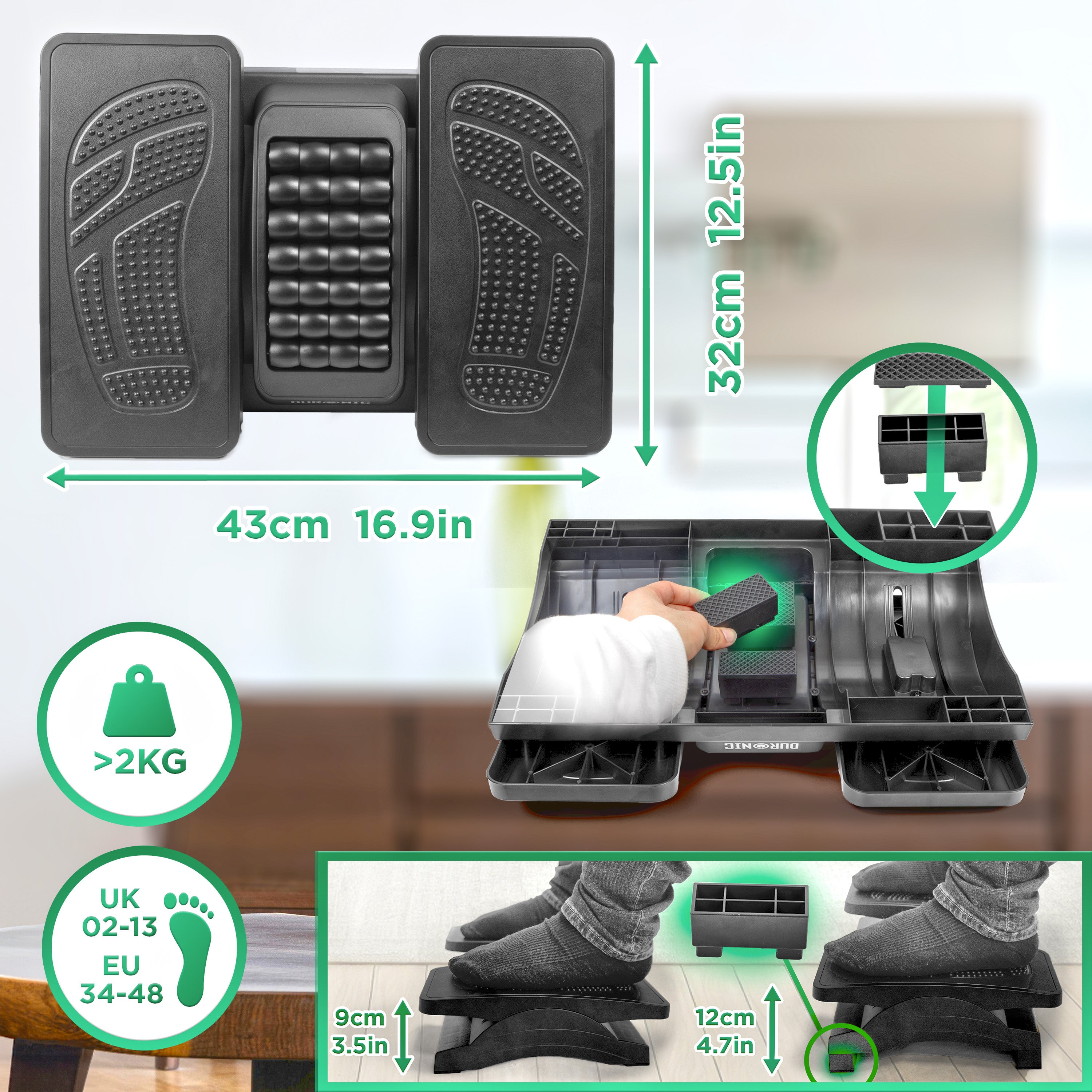 Duronic FT04 Poggiapiedi ergonomico: Inclinazione e altezza regolabili, rulli massaggianti - Allevia il dolore ai piedi, la fatica e lo stress per l'ufficio, la casa e gli studenti