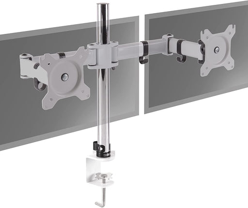 Duronic DM252 WE Supporto Monitor doppio per 2 schermi da 13-27 pollici, Braccio monitor PC ergonomico fino 8kg, VESA 75/100, regolabile altezza inclinazione girevole, per ufficio casa scuola, bianco