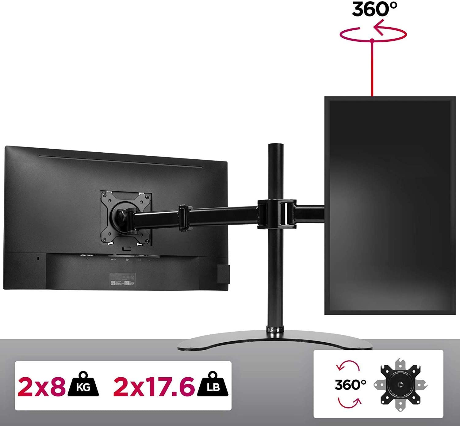 Duronic DM25D2 BK Supporto Monitor doppio per 2 schermi da 13-27 pollici, Braccio monitor PC ergonomico fino 8kg, VESA 75/100mm, regolabile altezza inclinazione girevole, per ufficio casa scuola, nero
