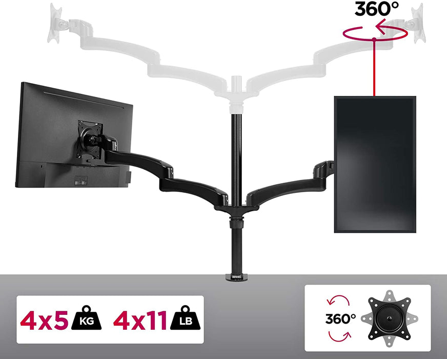 Duronic DM454 Supporto Monitor – Supporto per 4 Monitor Fino a 27” - VESA 75/100 - Portata 4 kg per Braccio - Regolabile in Altezza - Inclinabile -90° +45° - Rotabile di 360°