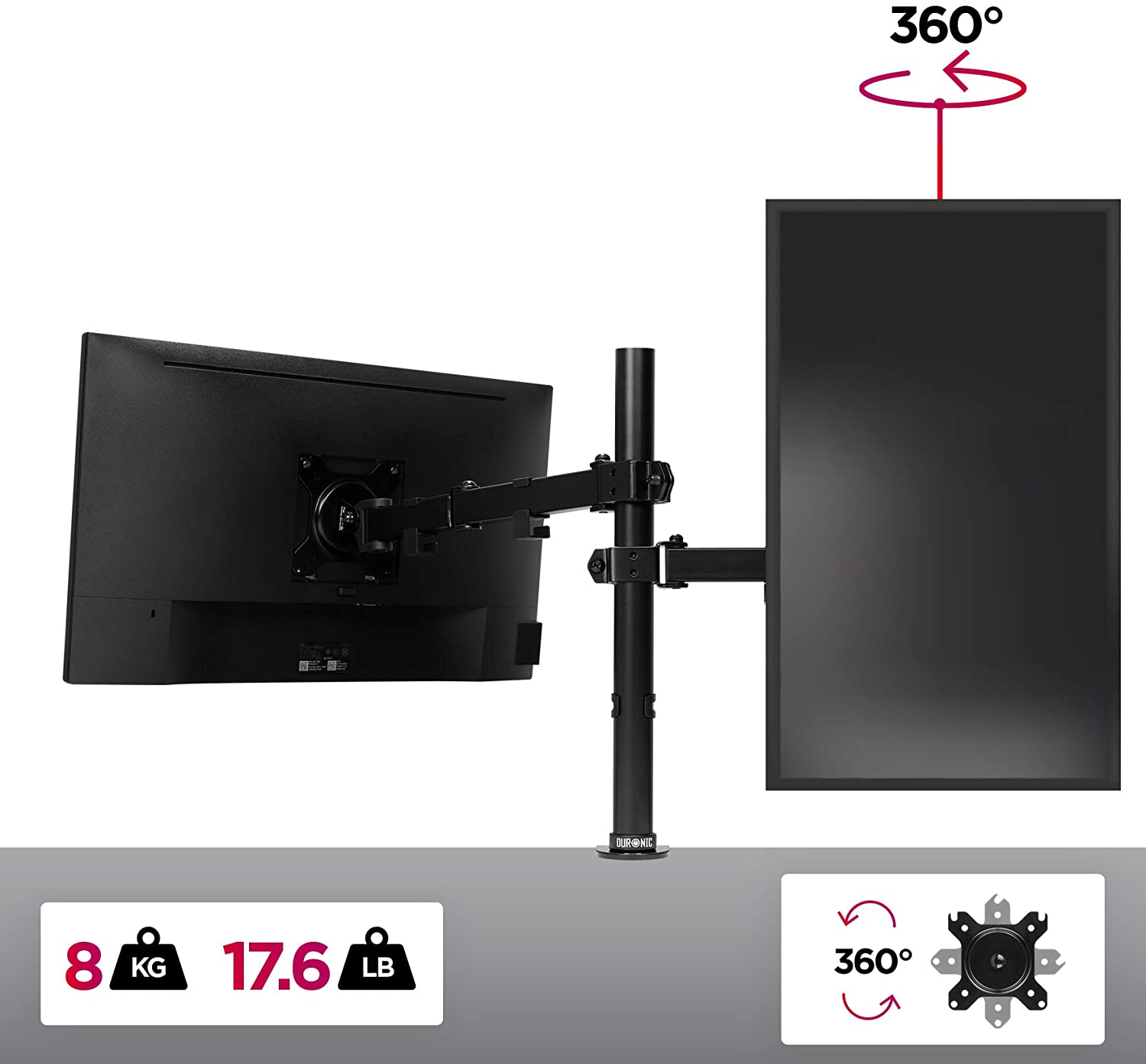 Duronic DM151X3 BK Supporto da scrivania per monitor 1332 | 8 kg con braccio estensore | Altezza regolabile | Inclinazione -15°/+15°, rotazione 180°, rotazione 360°| VESA 75/100