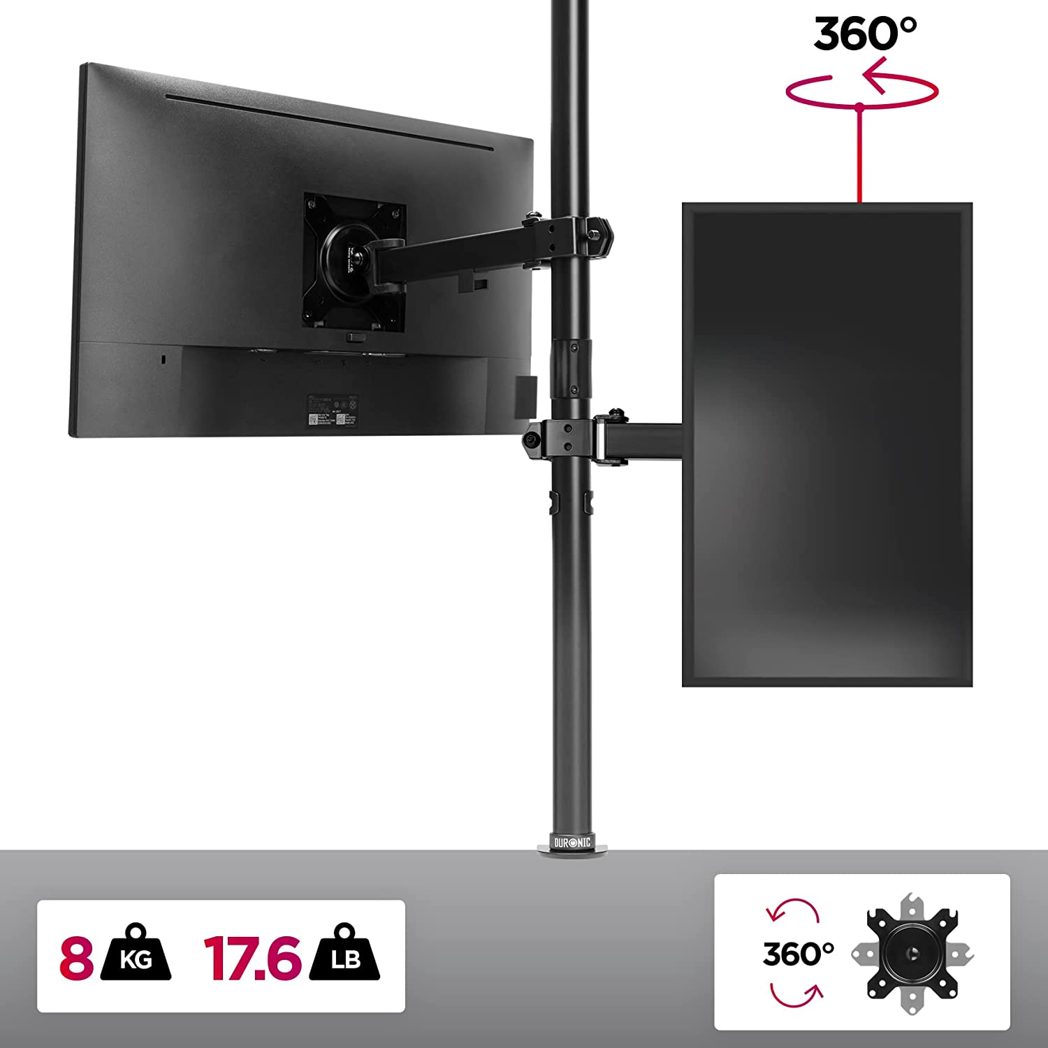 Duronic DMT151X2 BK Supporto da scrivania per monitor 13”-32” | Per schermi fino a 8kg | Altezza regolabile | Staffa da 100 cm | Inclinazione -15°/+15°, rotazione 180°, rotazione 360°| VESA 75/100