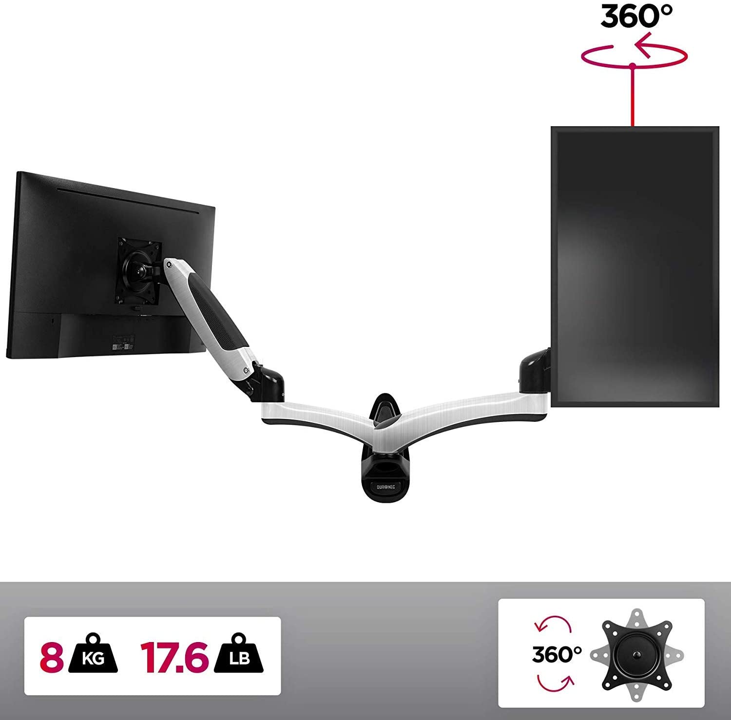 Duronic DM65W1X2 Supporto monitor da parete – Supporto per TV PC 27”– 8kg per monitor – Inclinazione -90°/+85° - Braccio con regolazione a gas estendibile – Altezza regolabile – VESA 100x100