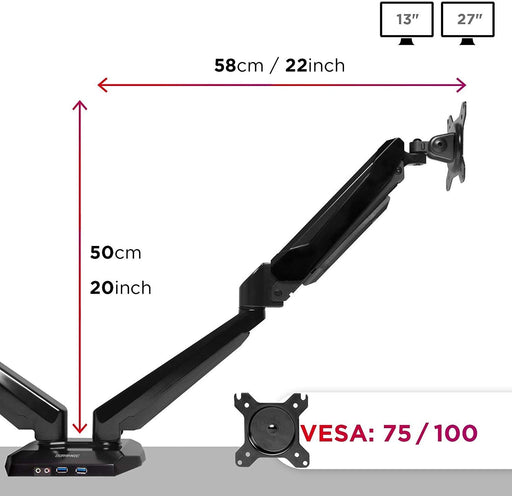 Duronic DMUSB5X2 Supporto monitor per 2 schermi 13 - 27  8 kg per braccio  Altezza regolabile fino a 50cm  Inclinazione schermo -90°/+85° - Bracci con molla a gas  base con presa Jack/USB  Supporto schermi resistente in alluminio