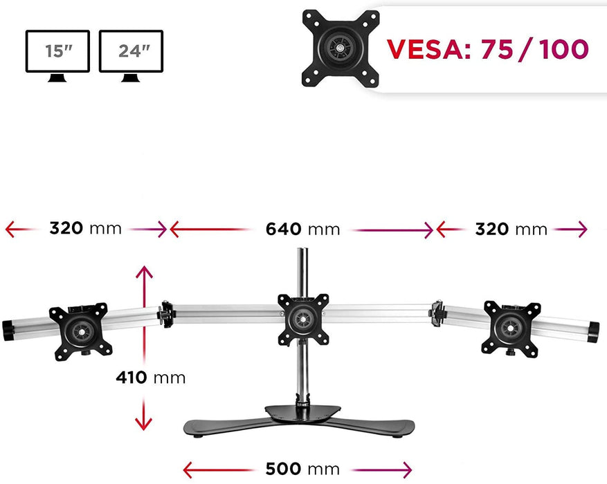 Duronic DM753 Supporto per 3 Monitor - Base in Acciaio per schermi Fino a 24" - Altezza Regolabile - Guida in Alluminio per schermi Fino a 8 kg - Inclinazione +/-15° - Rotazione schermi 360°