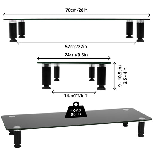 Duronic DM052-4 Supporto monitor scrivania dimensioni 70 x 24 cm - Supporto da tavolo regolabile per monitor e Laptop - Vetro temperato nero - Capacità 20kg - Mensola ergonomica per scrivania