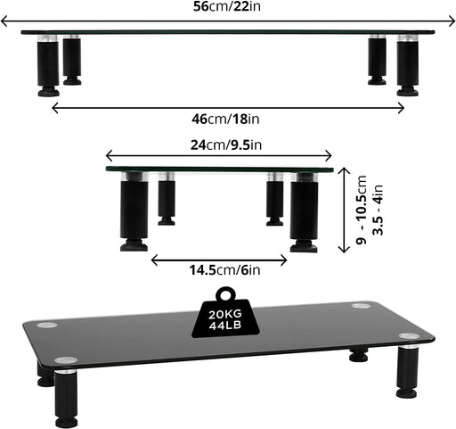 Duronic DM052-2 Supporto monitor scrivania dimensioni 56 x 24 cm - Supporto da tavolo regolabile per monitor e Laptop - Vetro temperato nero - Capacità 20kg - Mensola ergonomica per scrivania
