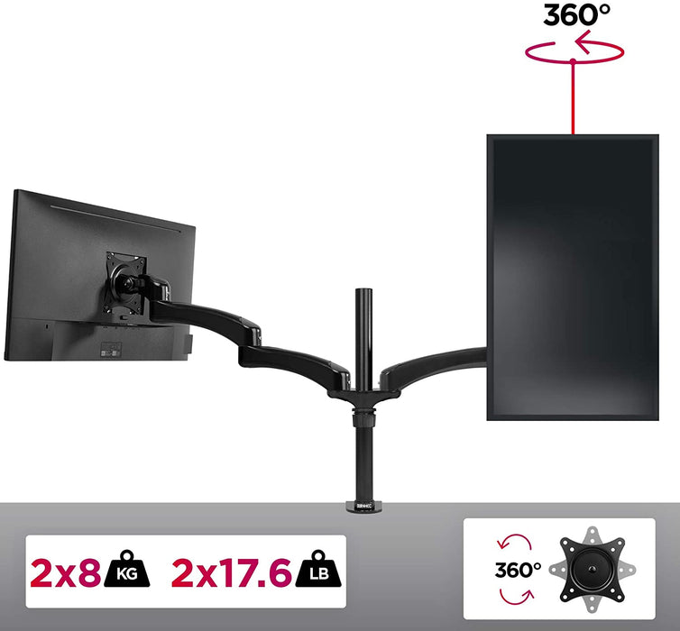Duronic DM452 Supporto Monitor – Supporto per 2 Monitor Fino a 27” - VESA 75/100 - Portata 8 kg per Braccio - Regolabile in Altezza - Inclinabile -90° +45° - Rotabile di 360°