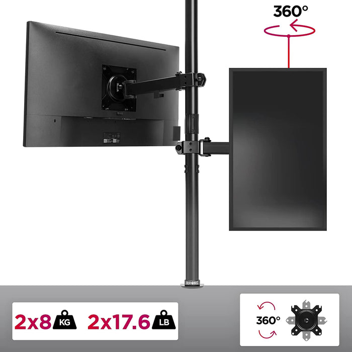 Duronic DMT152VX1 BK Supporto da scrivania per monitor 13"-32" | Per 2 schermi fino a 8kg | Altezza regolabile | Staffa da 100 cm | Inclinazione +90°/-35°, rotazione 180°, rotazione 360°| VESA 75/100