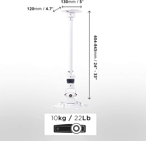 Duronic PB08XL Supporto universale per proiettore 10kg estendibile da 604mm a 843mm montaggio parete / muro / soffitto staffa videoproiettore per casa ufficio sale riunioni