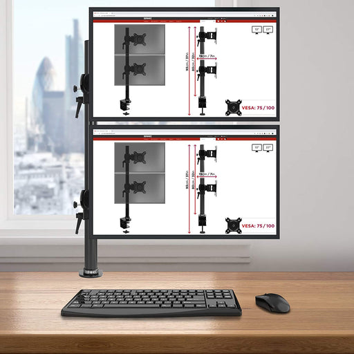 Duronic DM35V2X2 BK Supporto Monitor doppio per 2 schermi da 13-27 pollici, Braccio monitor PC ergonomico fino 8kg, VESA 75/100, regolabile altezza inclinazione girevole, per ufficio casa scuola, nero
