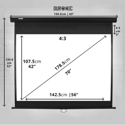 Duronic MPS70 /43 Schermo di proiezione 70” formato 4:3 / 107.5 X 142.5 cm telo proiettore telo da proiezione a sviluppo manuale - Fissaggio a muro o a soffitto - Full HD 3D 4K - Home cinema home theater ufficio