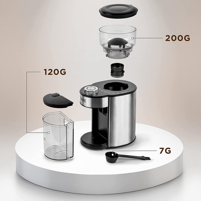 Duronic BG200 Macinacaffè elettrico con cono | Macinino per caffè 200W | 35 Opzioni di macinatura | Contenitore per chicchi 200g | Contenitore caffè 120g | Incluso misurino con pennello per pulizia
