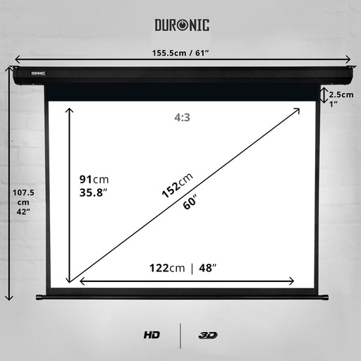 Duronic EPS60 /43 Schermo di proiezione 60” formato 4:3 / 122 X 91 cm telo proiettore motorizzata a sviluppo elettrico Fissaggio a muro o a soffitto Full HD 3D 4K - Home cinema home theater ufficio