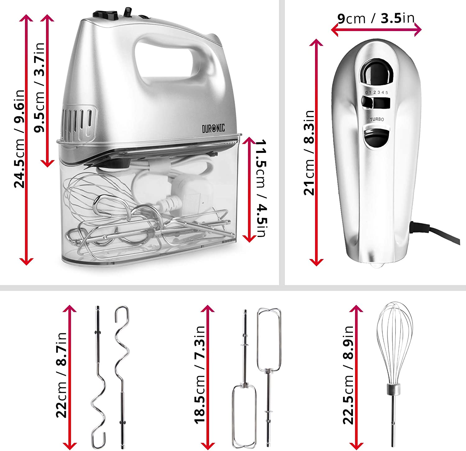 Duronic HM4 SR Sbattitore elettrico 400 W | 5 velocità e funzione turbo | Frusta elettrica con contenitore per accessori | 2 sbattitori 2 ganci e 1 frusta in acciaio INOX | Argento | Leggero