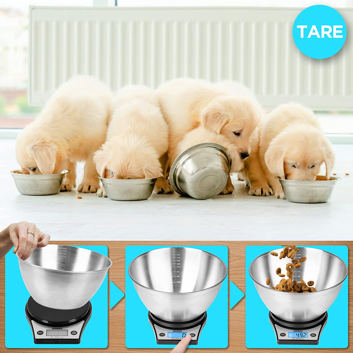 Duronic KS6000 BK/SS Bilancia da cucina - Bilancia ad alta precisione con display LCD retro illuminato - Portata 1g / 5 kg con ciotola in acciaio INOX da 2,5L - Piattaforma nera - Funzione Tara