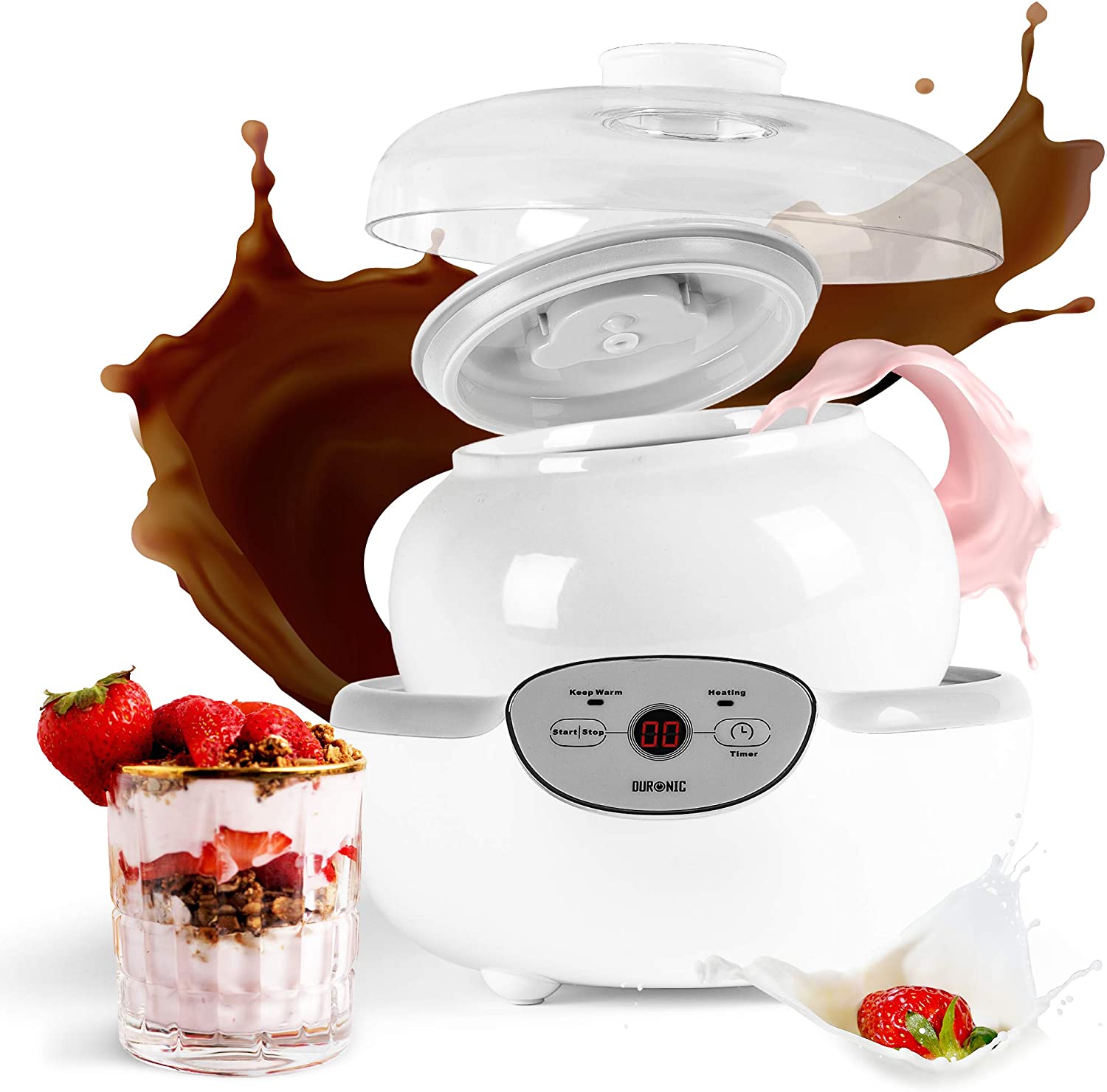 Duronic YM1 Yogurtiera elettrica automatica  1 vasetto in ceramica da 1.5 litri - Macchina per yogurt con display digitale timer impostabile - Ideale per preparare yogurt fatti in casa