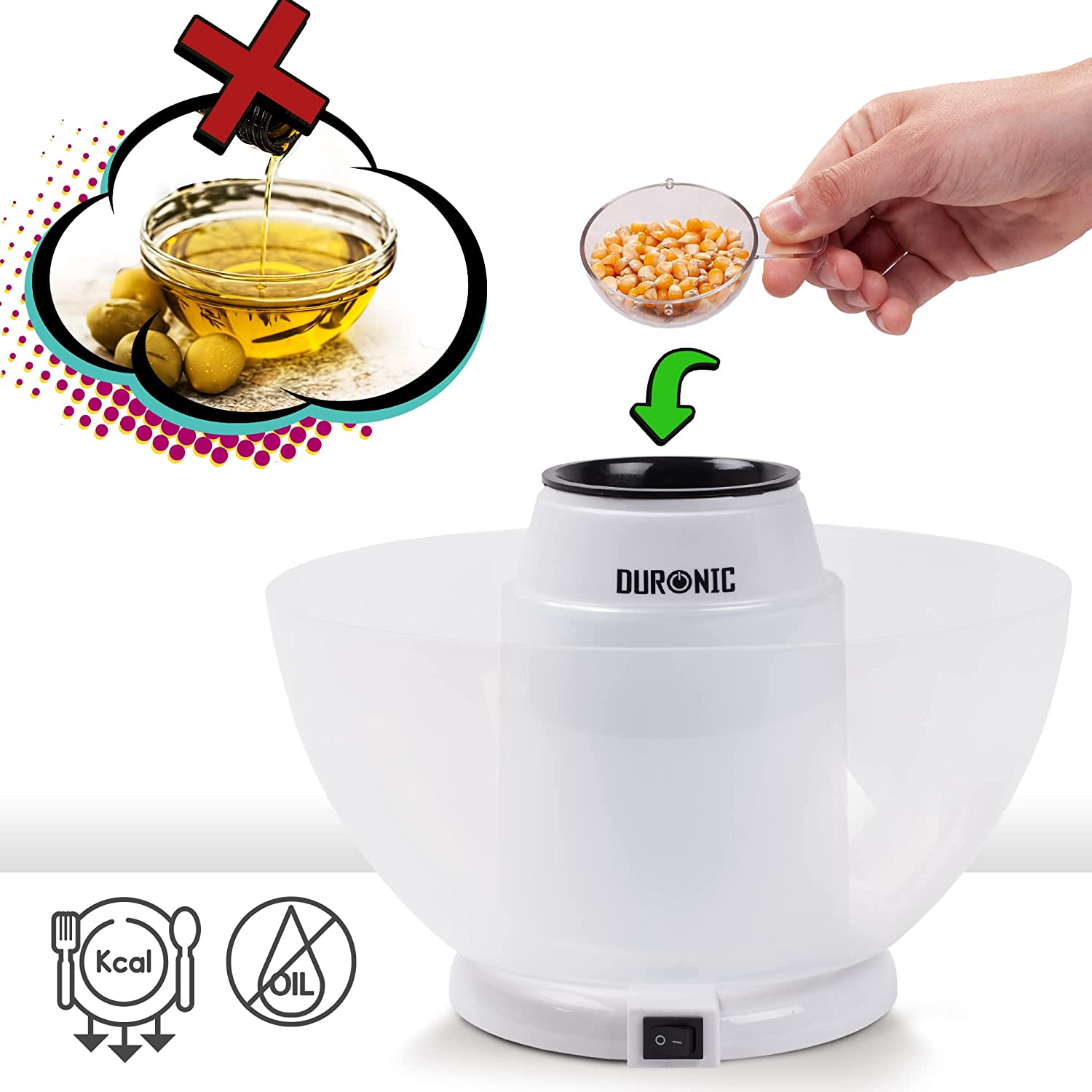 Duronic POP50 WE Macchina per Popcorn ad aria calda bianca  Capacità di 50 g con ciotola rimovibile  Senza grassi o oli  Pop-corn senza olio  Basso contenuto calorico