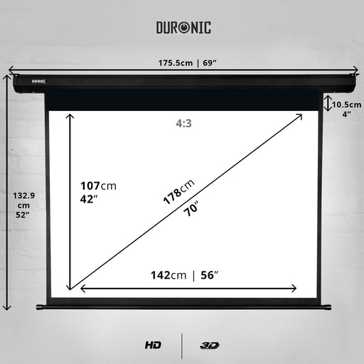 Duronic EPS70 /43 Schermo di proiezione 70” formato 4:3 / 142 X 107 cm telo proiettore motorizzata a sviluppo elettrico Fissaggio a muro o a soffitto Full HD 3D 4K - Home cinema home theater ufficio