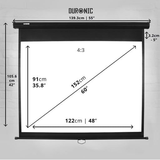 Duronic MPS60 /43 Schermo di proiezione 60” formato 4:3 / 122 X 91 cm telo proiettore telo da proiezione a sviluppo manuale - Fissaggio a muro o a soffitto - Full HD 3D 4K - Home cinema home theater ufficio