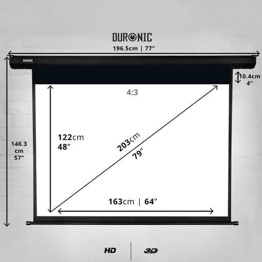 Duronic EPS80 /43 Schermo di proiezione 80” formato 4:3 / 163 X 122 cm telo proiettore motorizzata a sviluppo elettrico Fissaggio a muro o a soffitto Full HD 3D 4K - Home cinema home theater ufficio