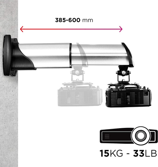 Duronic PB010XM Supporto universale per proiettore 15kg estendibile da 385mm a 600mm montaggio parete / muro staffa videoproiettore per casa ufficio sale riunioni