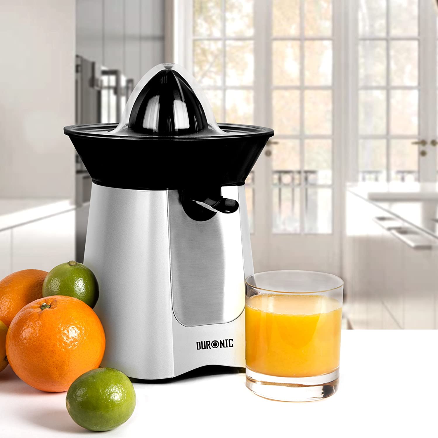 Duronic JE6 SR Spremiagrumi elettrico 100W, Estrattore in acciaio inox, Spremiagrumi automatico con filtro, Spremitore con 2 coni, per succo di arancia limone lime pompelmo, Beccuccio anti-goccia