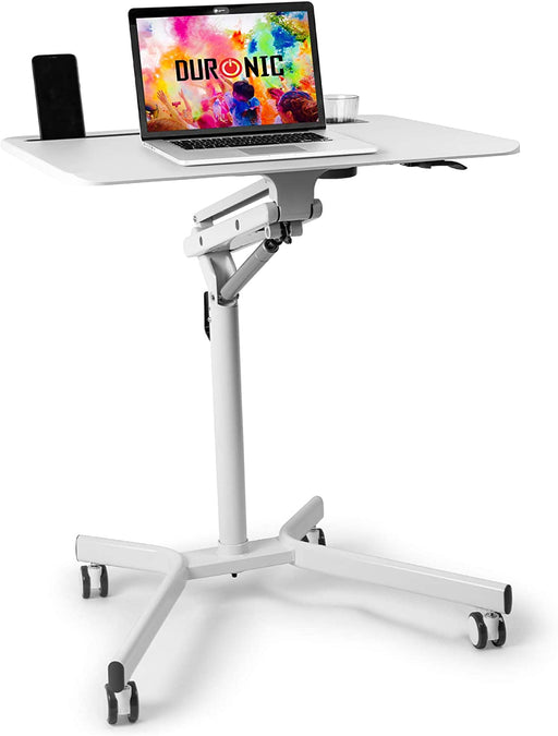 Duronic WPS57 Supporto per proiettore e scrivania ergonomica | Altezza regolabile | Piattaforma 70x52 cm | Capacità 10 kg | Tavolo multiuso su ruote | Portabicchieri e supporto per tablet