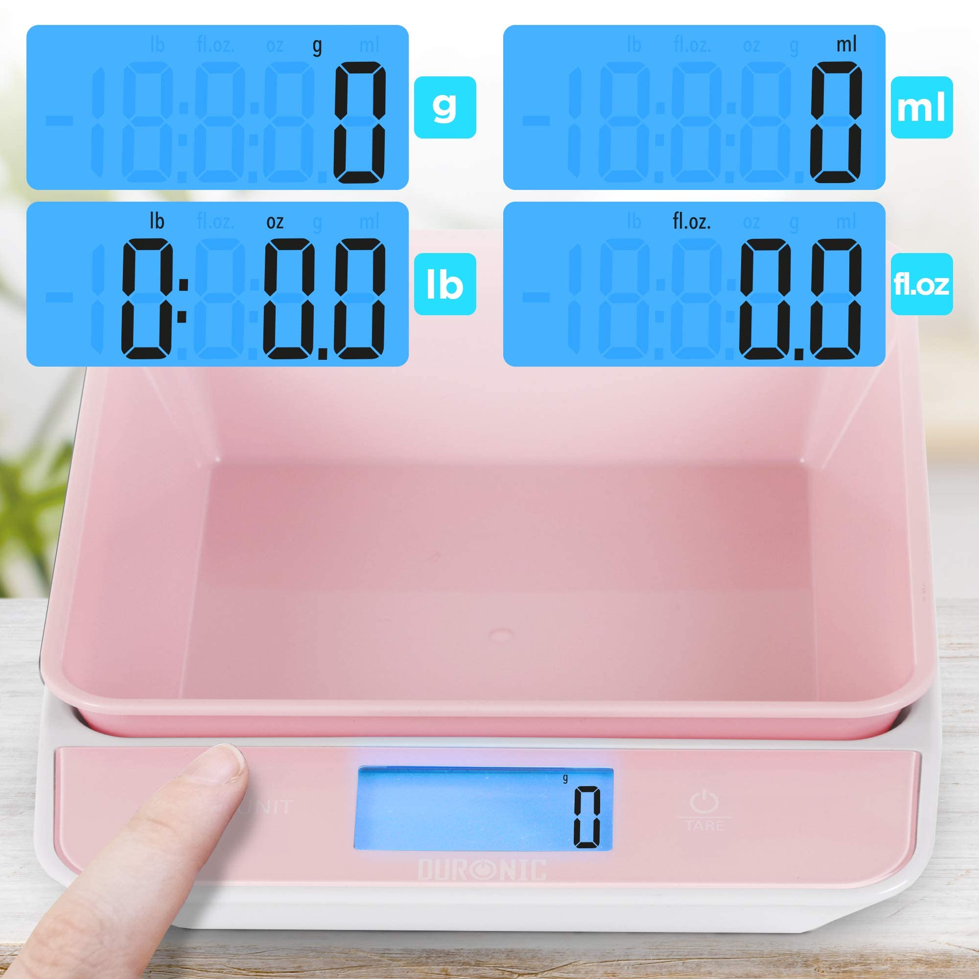 Duronic KS100 PK Bilancia da cucina - Bilancia ad alta precisione con display digitale retroilluminato - Portata 1g / 5 kg - Bilancia con ciotola integrata rosa da 1,2L - Funzione Tara