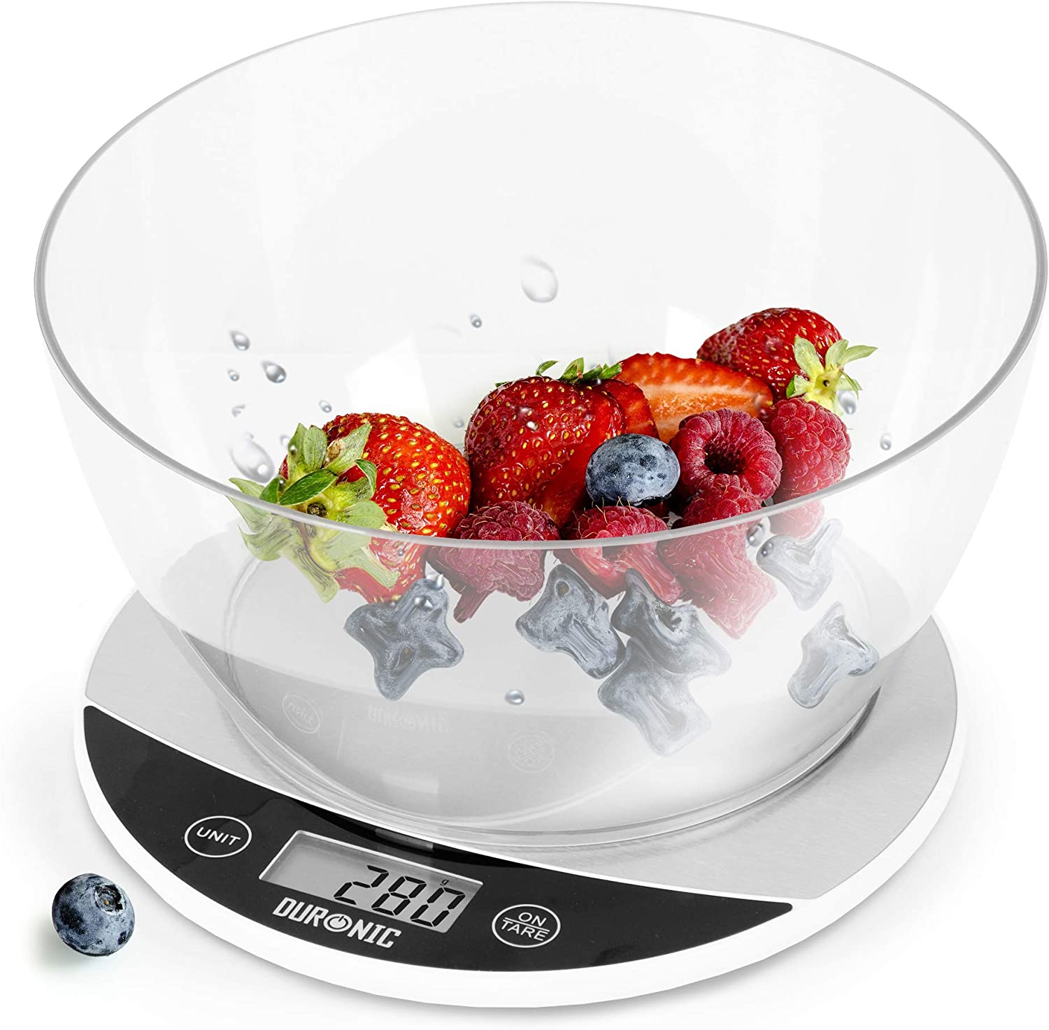 Duronic KS3000 Bilancia da cucina display digitale - Bilancia ad alta precisione - Portata 1g / 5 kg con ciotola da 2L - Piattaforma argento e bianca - Funzione Tara - Per cucina e pasticceria